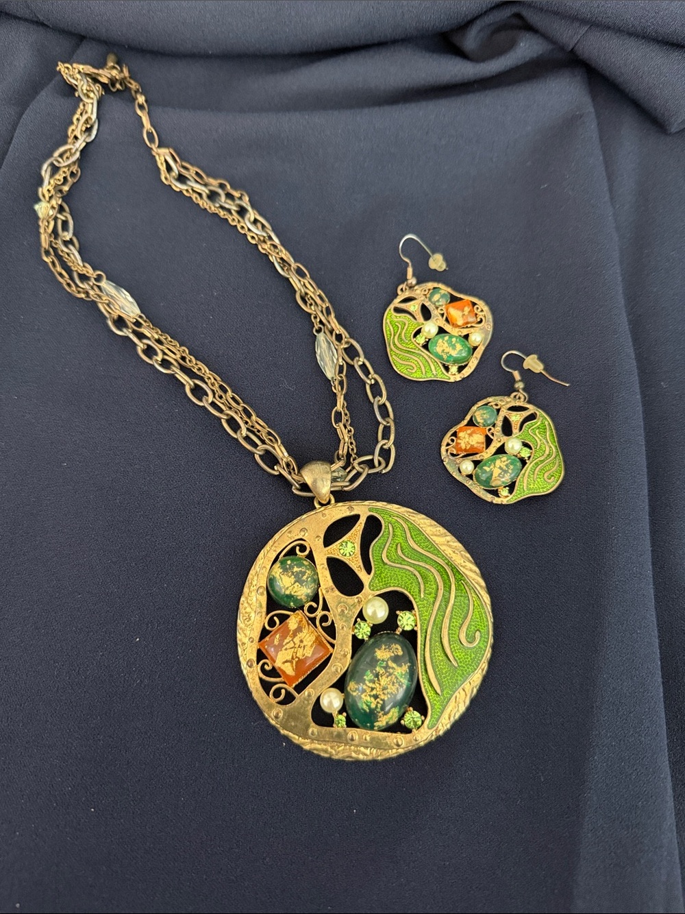 Gold-Tone Green & Multicolor Pendant Necklace with Matching Earrings